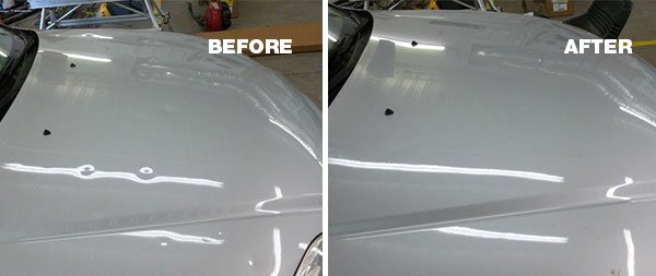 Close-up on white car hood: Hail dents visible with light reflection (BEFORE) vs. smooth, repaired panel (AFTER)