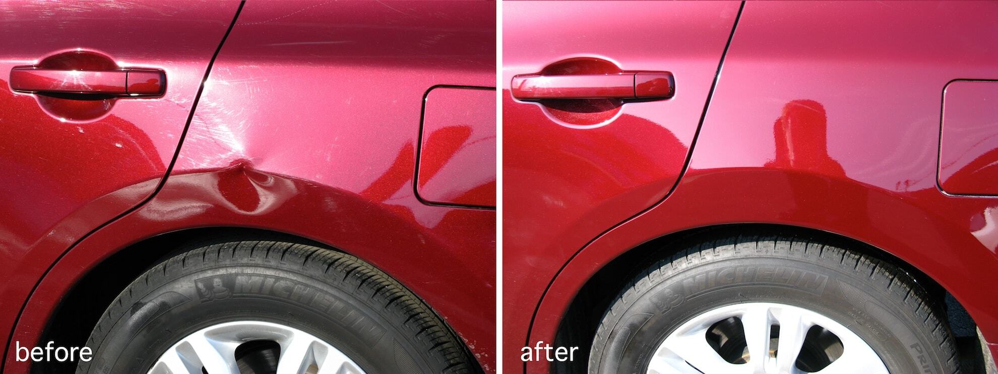 Close-up on red car door: Dent clearly visible with PDR light reflection (BEFORE) vs. smooth, repaired panel (AFTER)